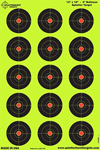 splatterburst targets - 12 x18 inch - 3 inch bullseye splatter target - easily see your shots burst bright fluorescent yellow upon impact - made in the usa