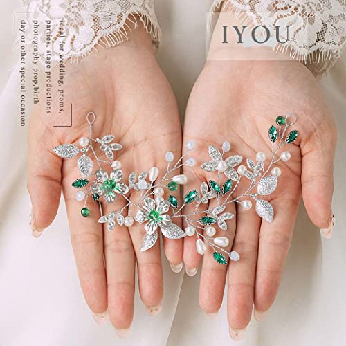 IYOU Crystal Bridal Hair Vine Green Pearl Wedding Headband Rhinestone Beades Headpiece Brides Bridesmaid Hair Accessories for Women - Image 2