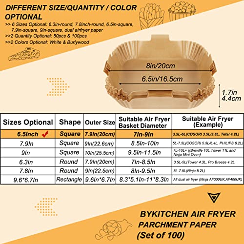 Image of BYKITCHEN 100pcs Air Fryer Parchment Paper Liner, Square Air Fryer Liners Disposable, Greaseproof Paper for Air Fryer, Compatible with COSORI, Ninja Double Stack SL300UK, Tower (Unbleached)