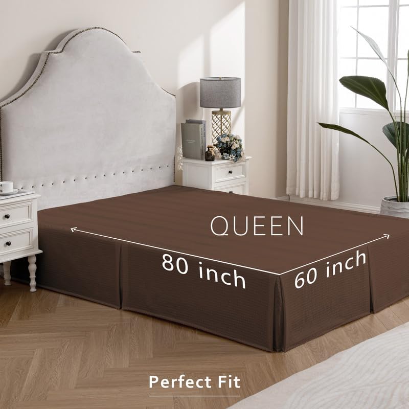 Image of MIYE Pleated Waffle Weave Bed Skirt, Tailored Dust Ruffle 16 Inch Drop Easy Fit, Machine Washable (Brown, Queen - 16 inch Drop)