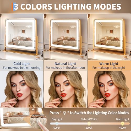 19.6"x15.7" Vanity Mirror with Lights, Large Lighted Mirror, LED Makeup Mirror with 3-Color Dimmable Modes and Smart Touch Control, Perfect for Desk or Bedroom, Vanity Desk Tabletop Makeup, Gold