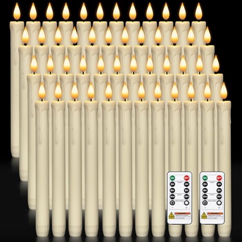 Image of Homemory 48 Pcs Plastic Flameless Taper Candles with Remote Timer Dimmer, Taper Candles Battery Operated with Flickering Light, Ivory Led Candlesticks for Wedding Party Holiday Decoration 9.6 Inches