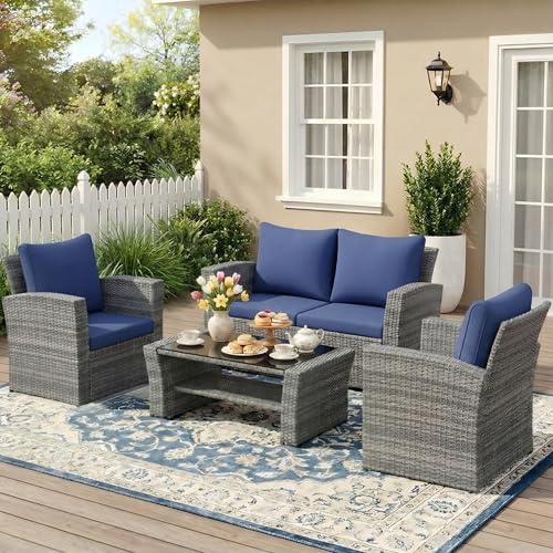 Wisteria Lane 4 Piece Patio Furniture Set, Wicker Outdoor Patio Conversation Furniture Set, All...