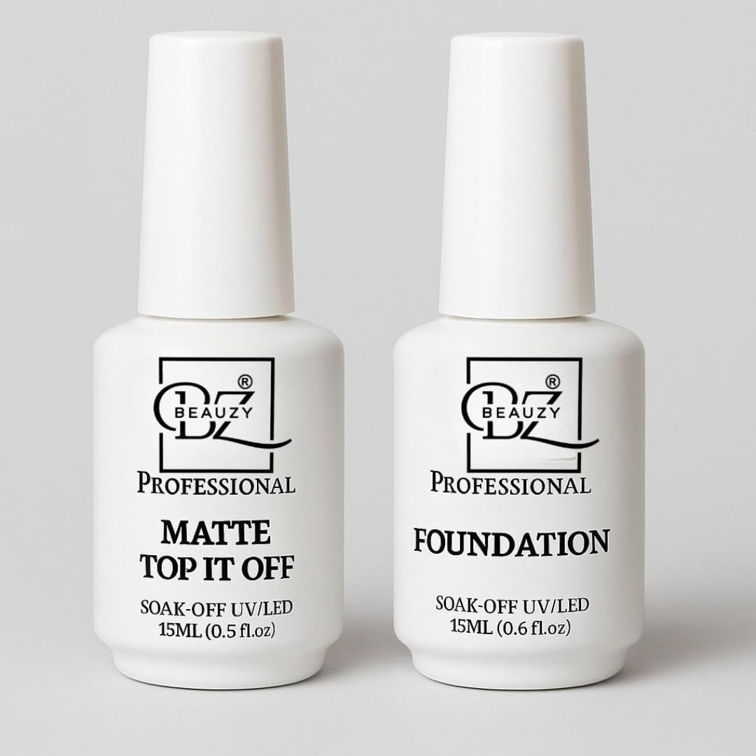 BEAUZY PROFESSIONAL UV Gel Nail Foundation + SHINY Matte It Off Top Coat Combo (15ml x 2) | Soak-Off System | Strong Adhesion Base + No-Wipe Velvet Matte Finish | UV/LED Compatible