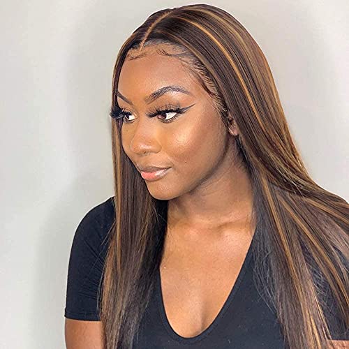 Vigorous Long Straight Highlights Wig Synthetic Brown Mixed Blonde Color Highlights Wigs for Women Middle Part Brown Highlights lace wigs 28 Inches Natural Looking Heat Resistant Fiber