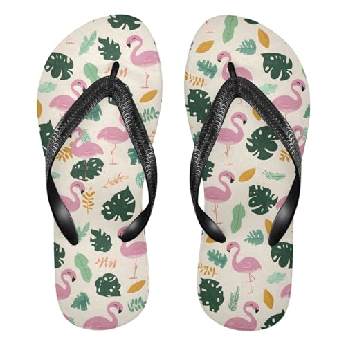 ALAZA Cute Flamingo Tropical Leaves Flip Flops for Women Fashion Beach Slippers Comfort Mens Flip Flops Non-Slip Rubber Shower Slippers Sandal for Hotel Travel Sport,XS
