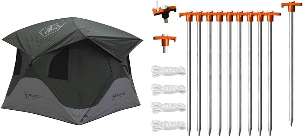 Gazelle T3X GT301GR 3 Person Pop Up Tent Bundle with Eurmax USA 10pc Camping Tent Stake and Rope Accessory Set