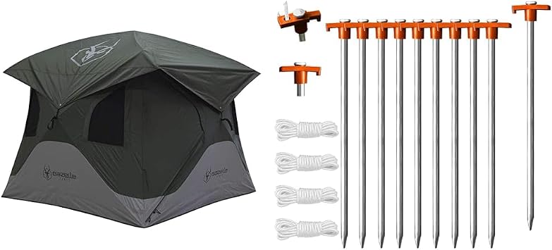 Gazelle T3X GT301GR 3 Person Pop Up Tent Bundle with Eurmax USA 10pc Camping Tent Stake and Rope Accessory Set