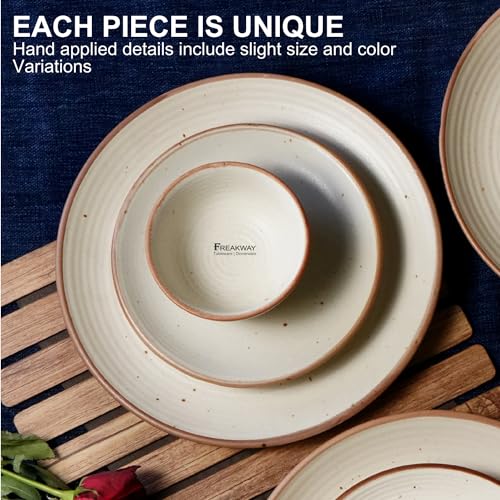 Image of Freakway Handcrafted Ceramic Stoneware Cream White Geometric Dinner Plates 10 Inches with Serving Bowl Set of 4 Pieces | 2 Dinner Plates with 2 Bowls | Dishwasher & Microwave Safe - Off White