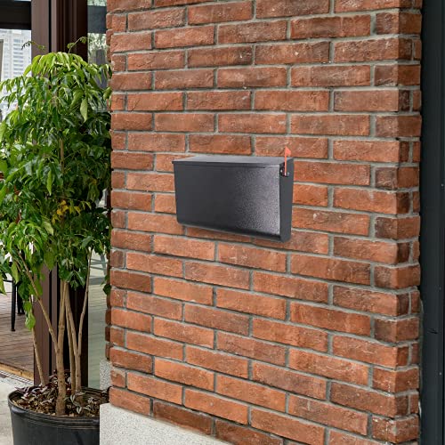 Pochar Rainproof Galvanized Steel Wall Mount Mailbox With Red Flag - Wall Mountable Large Hanging Mailboxes For Outside - Water Proof And Rust Proof Keyless Mailbox (16.3'' X 3.9'' X 9.6''), Black #TOP1