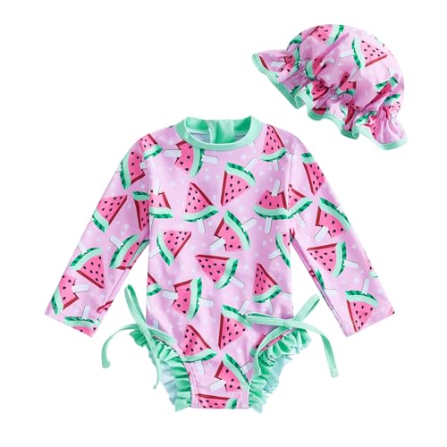 Amnnchya Baby Girl Fruit Swimsuit Ruffle Long Sleeve One-Piece Swimwear Toddler Infant Newborn Rash Guard Bathing Suit (Pink Watermelon, 6-9 Months)
