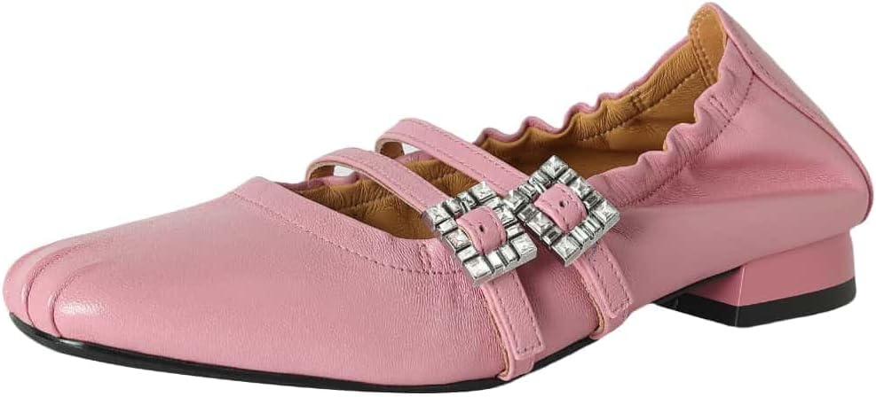 TinaCus Handmade Women's Soft Leather Square Toe Rhinestone Double Strap Buckle Mary Jane Flats