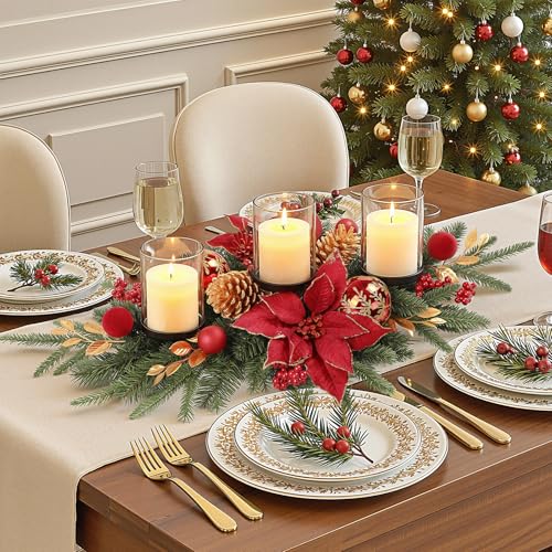 Alupssuc 28" Christmas Centerpiece with 3 Candle Holders Trays,Dining Table Decoration with Baubles, Pine Cones, Red Berries, Spruce Branches, Flower for Indoor Home Party Table Holiday Decor, 1 Pcs by Alupssuc - Image 6