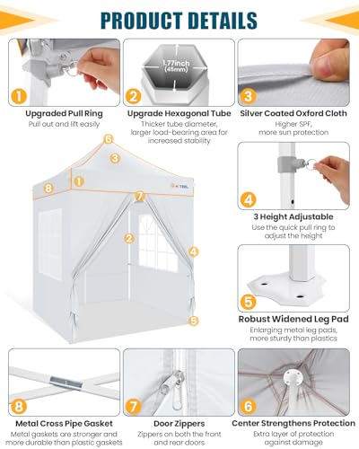 Image of HOTEEL 6.6x6.6 Heavy Duty Pop Up Canopy Tent for Parties Event Wedding Commercial Instant Canopy with Carry Bag, Party Tent Waterproof UV 50+, Upgraded Thick Hexagonal Legs,White