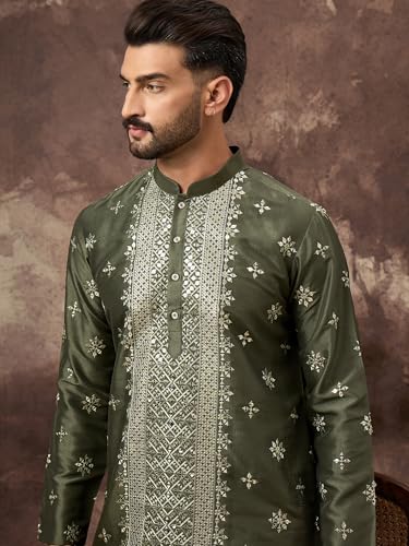 Image of Men's Solid Calf Length Silk Blend Embroidered Kurtas | Men | Kurtas for Mens | Straight Fit Kurta for Men's