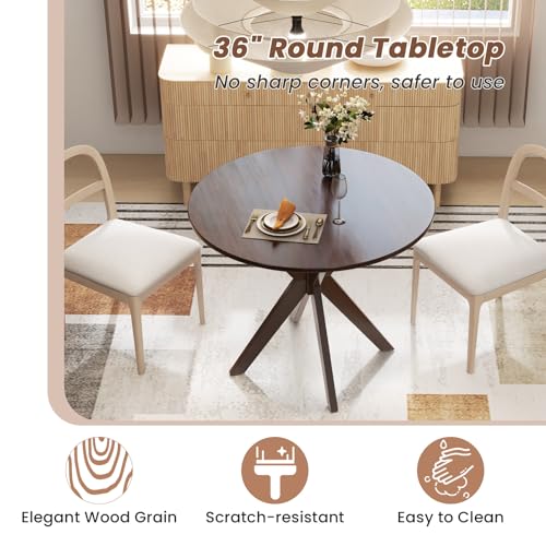 Image of Giantex 36 inch Round Wood Dining Table, Farmhouse Kitchen Table with Intersecting Pedestal Base & Solid Rubber Wood Legs, Vintage Coffee Tables for Dinette, Small Spaces, Restaurant, Brown