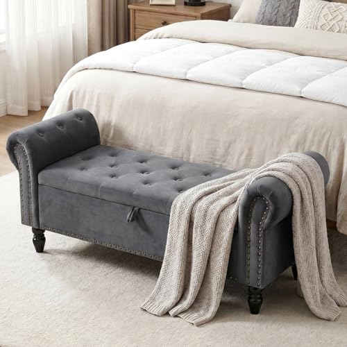 Clevich Banc de Rangement 133cm, Velours Coffre Bout de Lit 133 x 46 x 53 cm, Style Luxueux, avec Réversible Couvercle, avec Pieds en Bois, jusqu'à 168kg,...