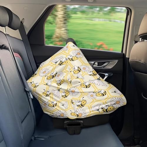 Image of Wanyint Baby Car Seat Covers Carseat Canopy for Boys Girls, Multi-Use Nursing Breastfeeding Covers Mothers Nursing Scarf Halloween Decoration, Bee Honeycomb Daisy Yellow