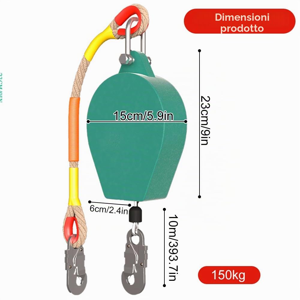 Lotvic Dispositivo Anticaduta Retrattile 10m, Anticaduta a Richiamo Automatico, Anticaduta di Tipo Retrattile, Dispositivo di Sicurezza Dell'altezza per Ponteggi e Tetti, Carico Massimo 150 kg