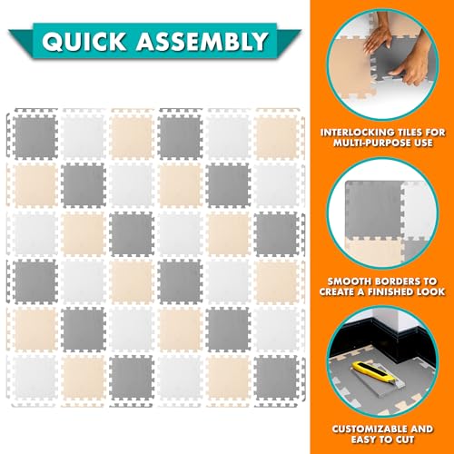 Image of ProSource Baby Play Mat, Soft Foam Floor Tiles for Kids, Interlocking EVA Panels for Playpen Use, Crawling Development Surface, Safe Non-Toxic Toddler Flooring, 36 Tiles, White /Gray /Beige