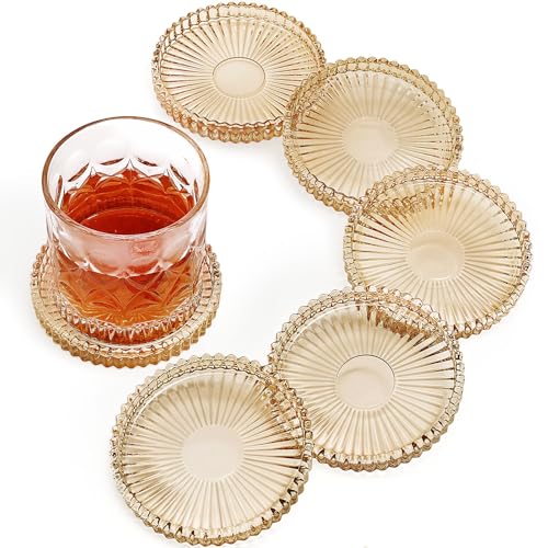 Modern Glass Coasters, GOH DODD Set of 6 Crystal Coasters Tabletop Protection for Drinks, Home Decor, Kitchen, Living Room, Patio, Wedding, Party, Housewarming Gifts, Amber, Gold