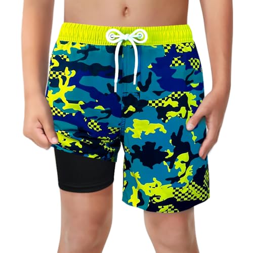 Image of Boys Swim Trunks with Boxer Brief Liner Compression Anti Chafe Swimming Shorts Stretchy UPF Quick Dry Swimsuit