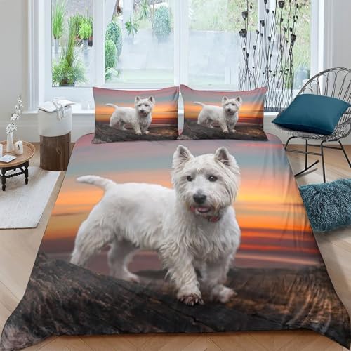Parure de Lit Blanc Terrier Chien avec Housse Couette Microfibre 3D