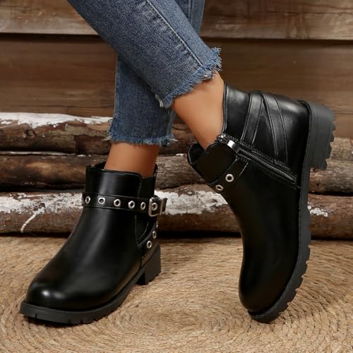 Bottes style britannique en polyuréthane uni avec talon bas épais - 6