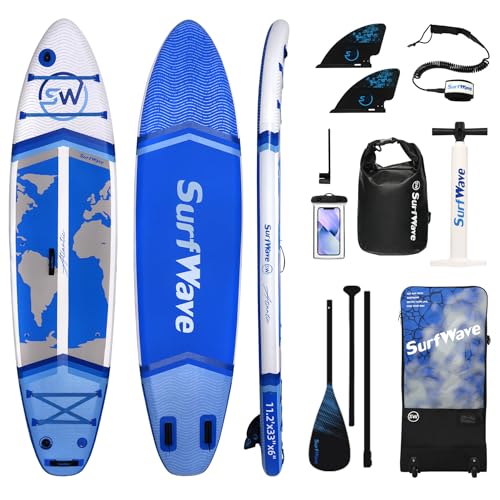 Surfwave パドルボード サップボード スタンドアップパドルボード 大人3~4人乗り 増強PVC 高密度素材 サイドカバー×2 耐高温 耐低温 海水に強い 空気漏れテスト 気圧安定テスト 水性接着剤 日本向け フルセット マルチサイズ マルチカラー (ホワイト×ブルー)の商品画像（Amazon）