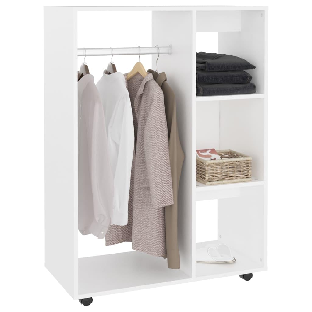 Willood Kleiderschrank mit offenem Fach 3 seitlichen Ablagen Rollen Garderobenschrank Garderobe Schlafzimmer Schrank Weiß 80x40x110 cm Holzwerkstoff