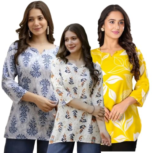 Image of Women's Printed Short Kurti Tops Rayon Cotton Blend Tunic Combo