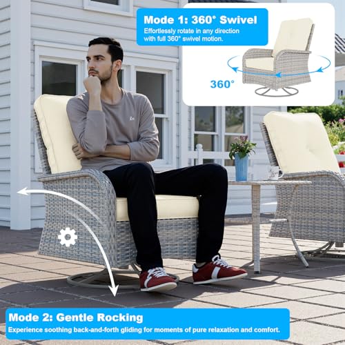 Image of Outdoor PE Wicker Rattan Modular Patio Sectional Sofa Set | 13-Piece: 6 Modular Seats, Coffee Table, 2 Swivel Rocking Chairs, Side Table, 2 Ottomans & 55,000 BTU Fire Pit Table, Ivory
