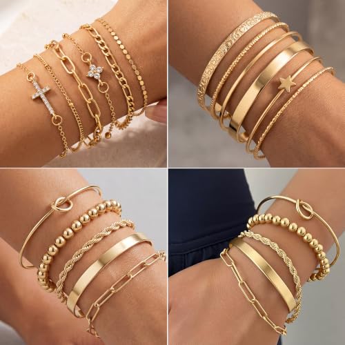 Image of FAXHION 68 Pcs Gold Jewelry Set for Women with 7 Necklace, 17 Bracelet, 5 Hoop Earrings, 15 Stud Earrings, 24 Knuckle Rings for Women Jewelry Set for Women Gift