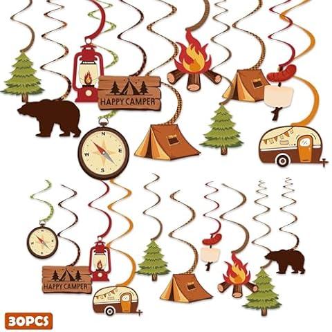 Levfla 30CT Happy Camper Party Hanging Swirls Decoration Camping Kids Birthday Photo Props Ideas Tent Cutouts Adventure S'More Whirls Signs Baby Shower Favor Supplies Cover