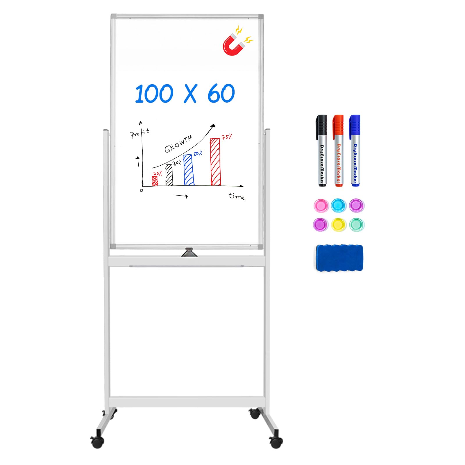 Tableau Blanc Effaçable sur pied 100 x 60 cm, Surface d'écriture Magnétique Double Face, Effaçable à Sec avec Cadre en Aluminium, Paperboard Chevalet pour Salle de Classe, Maison, Bureau