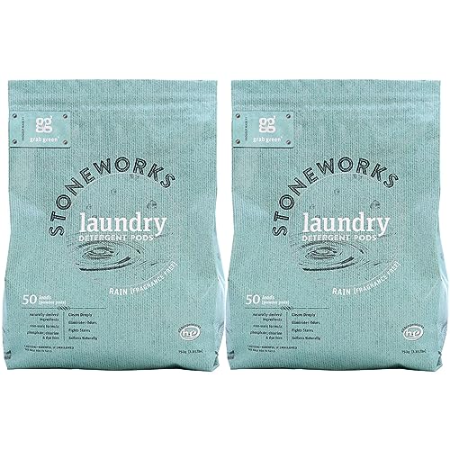 Grab Green Stoneworks Laundry Detergent Pods, 100 Count, Fragrance Free Rain Scent, Plant and Mineral Based, Cleans Deeply, Eliminates Odors, Fights S