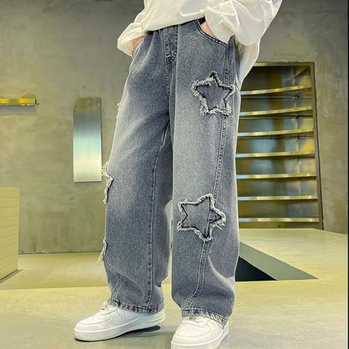 Boy's Pull On Jeans Cute Star Baggy Denim Pants Elastic Waist Straight Wide Leg Jeans for Teen Boys 8-14 Years4