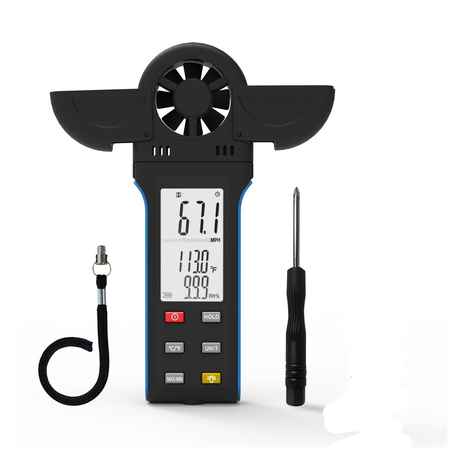 Wiatromierz, Anemometr ręczny, cyfrowy miernik prędkości wiatru z dużym wyświetlaczem LCD, osłoną łopatki, anemometr detektorowy(Blauw)