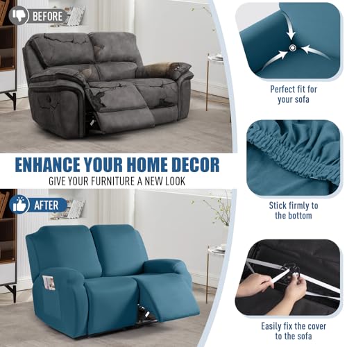 Image of TAOCOCO Recliner Loveseat Slipcover, 2 Pieces Polyester Fabric Stretch Sofa Covers for 2 Seat Reclining Couch, Soft Washable Furniture Protector with Pockets (2 Seat, Turquoise Blue)