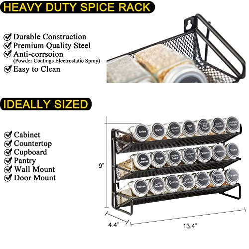 Image of SpaceAid Spice Rack Organizer with 21 Spice Jars, 386 Spice Labels, Chalk Marker and Funnel Set for Cabinet, Countertop, Pantry, Cupboard or Door & Wall Mount - 21 Jars, 13.4 inch W x 9 inch H, Black