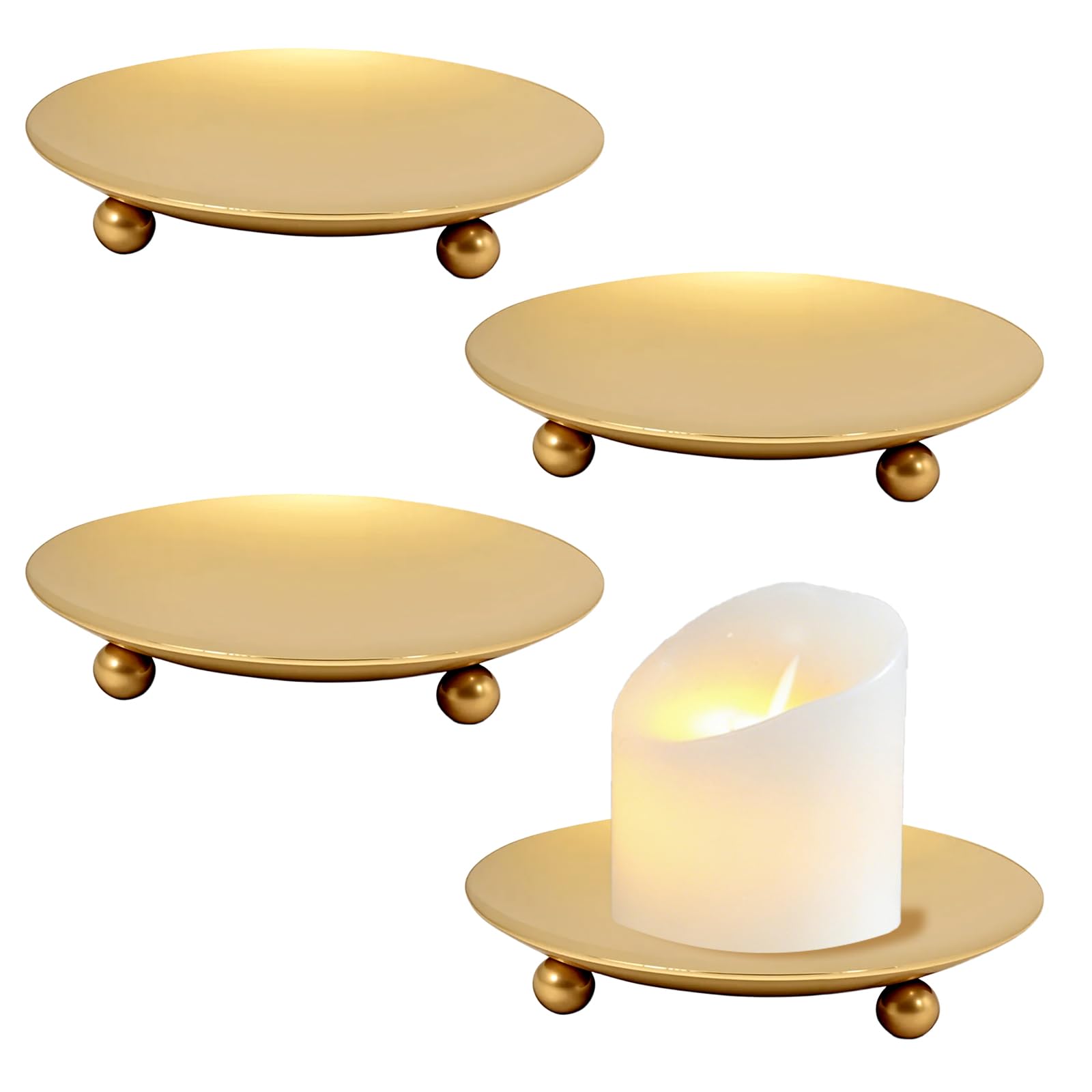 Hiuyavy Gold 4Pcs Candle Plates, Candle Holders For Pillar Candles, Metal Pillar Candle Plates Candles Tray For Christmas Halloween Wedding Party Pray Spa - 11Cm