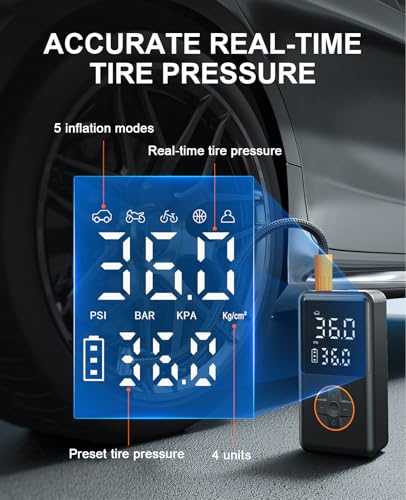Tire Inflator Portable Air Compressor - 150PSI Electric Bike Pump, Auto Shut Off & Digital Pressure Gauge, Cordless Air Pump for Car Tires, Motorcycles, Balls with LED Light - Image 6