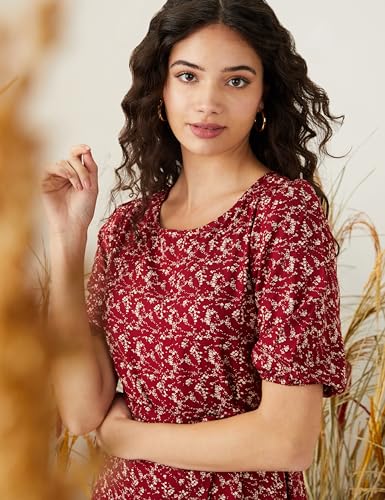 Image of Amazon Brand - Symbol Women Rayon Fit and Flare One Piece Midi Length Dress (with Self Fabric Belt) (Available in Plus Sizes)
