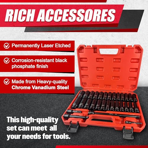 1/2" Drive Impact Socket Set, SAE and Metric, Cr-V Steel, 6 Point Deep & Shallow Sockets (30pcs 1/2" Socket Set)