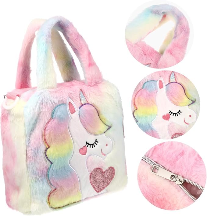 Image of Unicorn Cute Soft Crossbody Backpack /Unicorn Soft Fur Bag /Standard Backpack /School Bag /Multicolor /Soft Faux Fur Cute Purse For Girls & Women (Pack of 1)