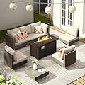 VICLLAX 8 Pieces Wicker Patio Furniture Set with 45-inch Firepit Table, Outdoor Conversation Set Sectional Sofas with Cushions and Glass-top Tea Table, Oak Rattan