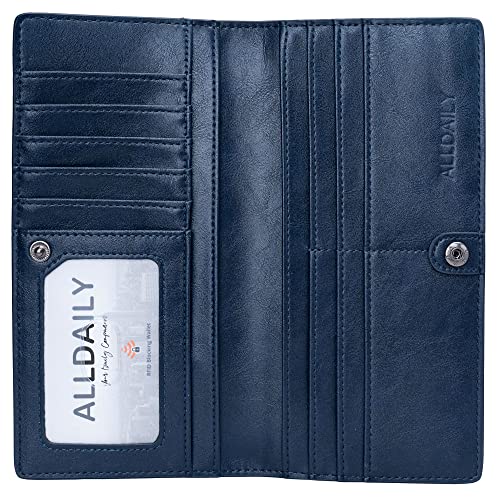 Image of Alldaily Ultra Slim Thin Women Wallet RFID Blocking Credit Card Holder Bifold Long Ladies Billfold (Dark Blue)
