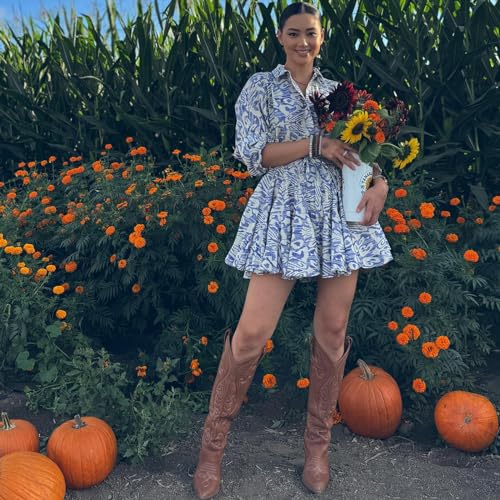 Image of VOMIRA Knee High Cowboy Boots for Women Pointed Toe Chunky High Heels Pull-on Embroidered Boots Western Boots Wide Calf Cowgirl Boots