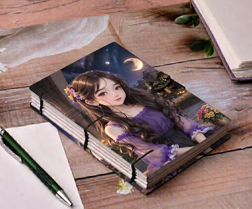Image of URBAN UNFOLD Dreamy Moonlit Anime Girl Journal - A5 Handmade Fantasy Diary with Antique Metal Lock, 200 Unruled Pages, Hardcover Hand-Stitched Notebook for Creative Writing, Sketching & Doodling