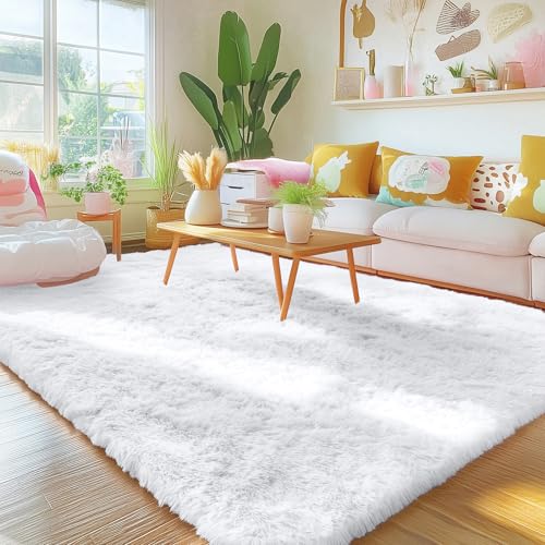 OLANLY 5x8 Machine Washable Large Area Rugs for Living Room, Bedroom, Soft Fluffy Shaggy Bedside Rug, Indoor Floor Carpet for Kids Girls and Boys, Dorms, Nursery, Home Decor Aesthetic, White